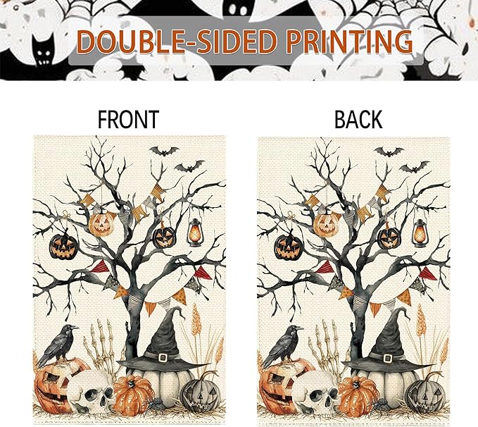 Halloween Black Tree Pumpkin Welcome Garden Flag 28 x 40 Inch Double Sided, Skull Crow Seasonal Burlap Large Yard House Flag Farmhouse Seasonal Holiday Patio Outdoor Outside Decoration