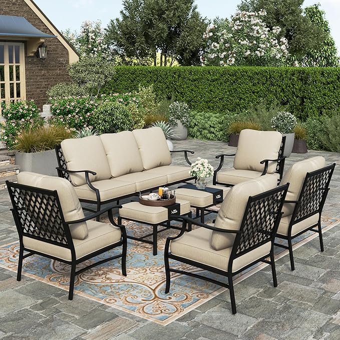 HERA'S HOUSE 7 Piece Patio Furniture Set, 4 x Fixed Metal Cushioned Chair, 2 x Cushioned Ottoman, 1 x 3-Seat Sofa, Outdoor Conversation Set for Lawn Garden Backyard Poolside