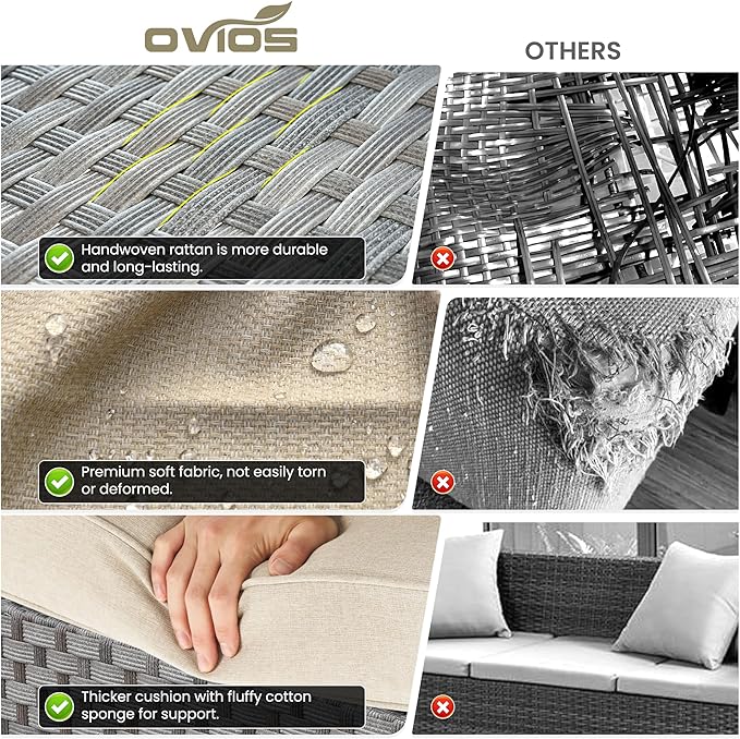 ovios 7 Pieces Patio Furniture Set, Outdoor Wicker Sectional Sofa with 42 Inch Fire Pit Table Comfy Cushions, Modern Modular Deep Seat Rattan Couch Conversation Set, Beige