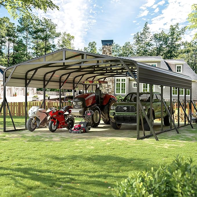 Carport Canopy 20’X30’ Heavy Duty Car Port Galvanized Steel Roof, Reinforced Stable Triangle Frame for Snowy Windy Metal Carports Enhanced Base Car Tent for Car,RV,Pickup,Boat,Truck,Tractor