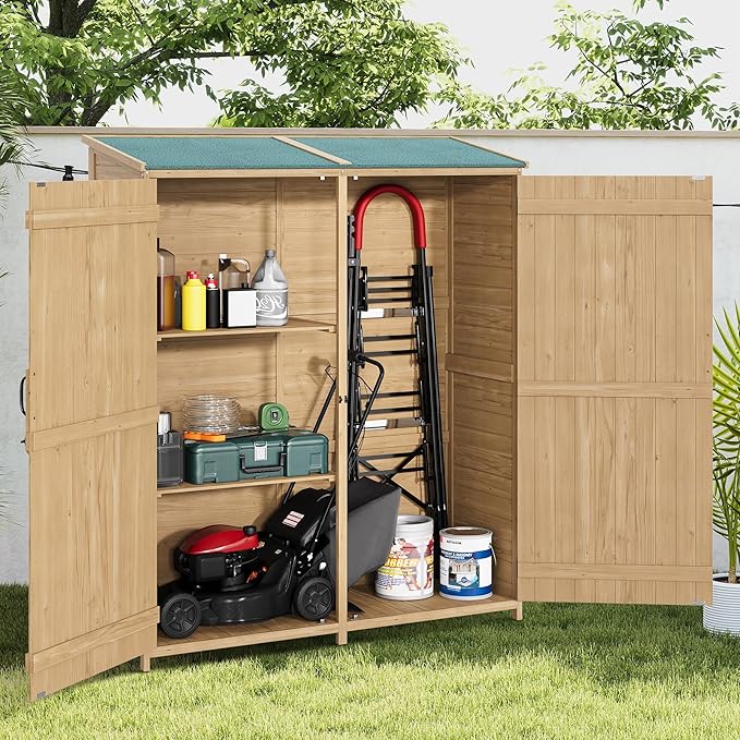 Wooden Storage Cabinet, Outdoor Tools Shed with Waterproof Roof, Double Lockable Doors and 2 Adjustable Shelves, Lockable Garden Shed for Patio, Garden, Backyard, Lawn