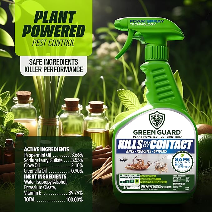 Green Guard Pest Control Spray - Indoor & Outdoor Killer of Ants, Roaches, Spiders & Other Crawling Insects, Safe Around Children & Pets, Plant-Based, Pleasant Scent (Peppermint Hit, 16oz)