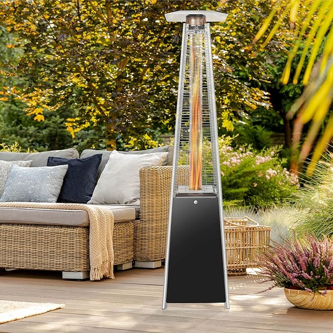 Casafield Outdoor Propane Patio Heater with Wheels, Black - Modern Dancing Flame, Commercial & Residential, Uses Standard 20lb LP Gas Tank