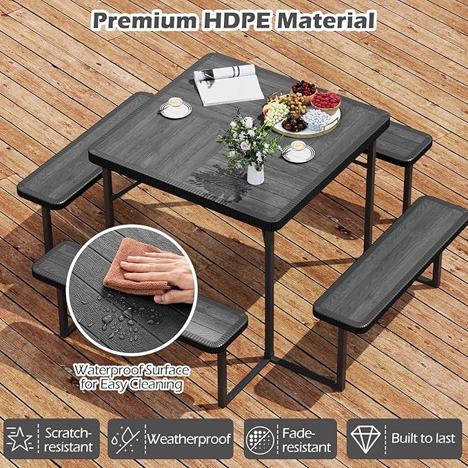Tangkula 8 Person Picnic Table, HDPE Outdoor Square Table and Bench Set with 4 Built-in Benches, Umbrella Hole, Metal Frame for Garden Yard Patio Lawn