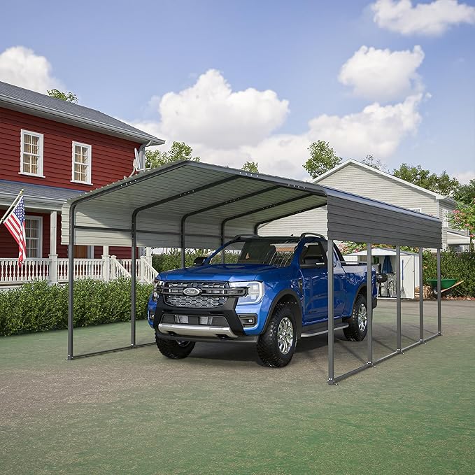 13x20 FT Carport with Metal Roof, Heavy Duty Metal Carport Canopy, Garage Car Shelter Shade for Outdoor, Car, Truck, Gray