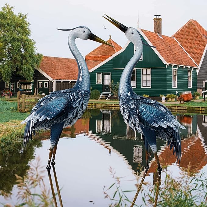 33-35 Inch Blue Heron Garden Statues for Outside, Metal Cranes for Yard Outdoor Decor, Standing Bird Sculptures for Patio, Lawn, and Backyard, Garden Sculptures & Statues, Set of 2