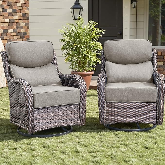 Outdoor Patio Swivel Rocker Chairs Set of 2, Waterproof Wicker, High Back, Deep Seating, Wide Armrest, Upgraded 6 inch Thick Cushions, Ideal for Deck Porch Backyard, Brown/Beige