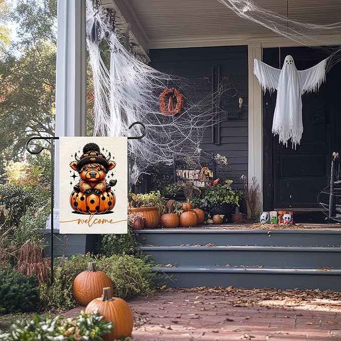 Welcome Halloween Garden Flag for Outside, 12x18 Inch Double Sided Halloween Pumpkin Highland Cow Yard Flag, Farmhouse Small Yard Flags for Outdoor Decorations, Holiday Decor Gifts-A02