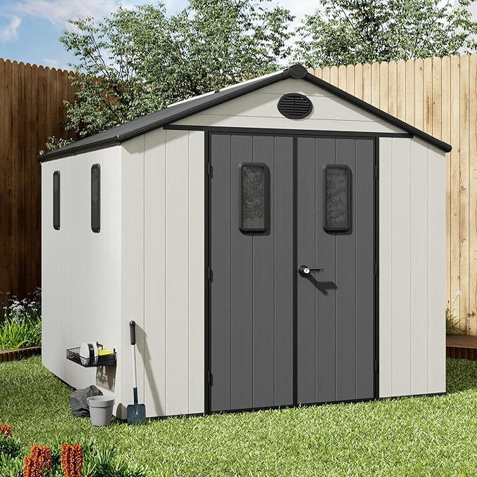 8' x 8' Outdoor Resin Storage Shed with Floor,Galvanized Metal Waterproof Garden Shed with Lockable Door, Windows, Vents, Plastic Tool, Bike Storage for Patio Furniture, Lawn Mower