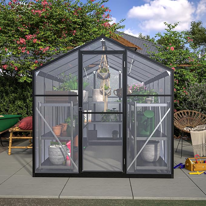 6x10 FT Greenhouses for Outdoors,Heavy Duty Polycarbonate Greenhouse,Lockable Walk-in Green House Sunroom w/ Roof Vent,Aluminum Hot House for Garden Plants Backyard Patio,Black