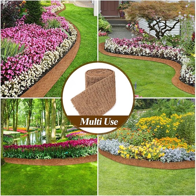 Natural Mulch Roll for Landscaping 240" X 6.3" Coconut Fiber Liner Mulch Mat with 32 U-Shaped Steel Stakes, Thick Mulch Roll for Garden Edging Border, Coconut Liners for Planters, Vegetables & Flowers