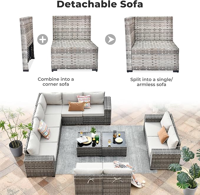 ovios 12 Pieces Patio Furniture Set, Outdoor Wicker Sectional Sofa with Glass Table Comfy Cushions, Modern Modular Deep Seat Couch Rattan Conversation Set, Beige