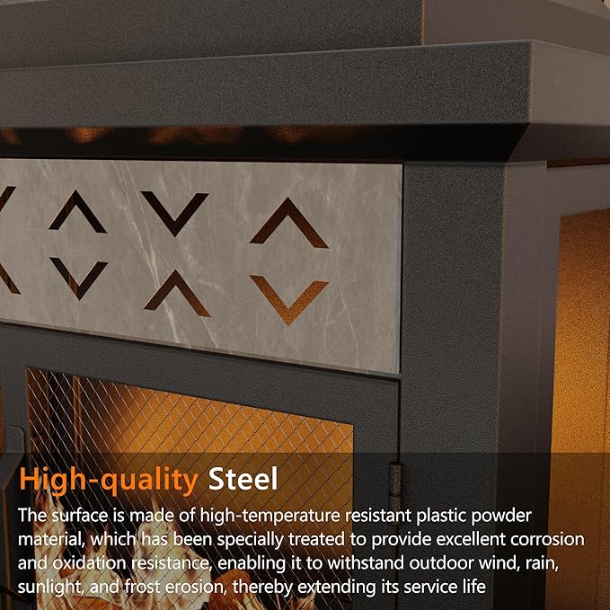 47.3''x35.5'' Outdoor Propane Fireplace, 50,000 BTU Vent-Free Gas Heater, CSA Certified Grey & Black Weather-Resistant Steel, Realistic Ceramic Logs, Rain Cover Included