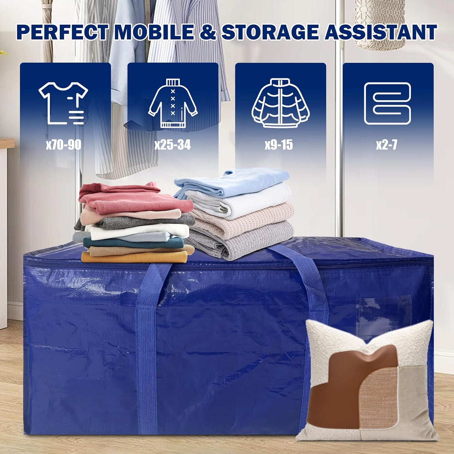 12 Pack Extra Heavy Duty Large Moving Bags with Strong Zipper & Carrying Handles, Sturdy Clothes Storage Bag Totes Bins, Packing Bags Moving Boxes College Moving Supplies, Dark Blue - 40 gal