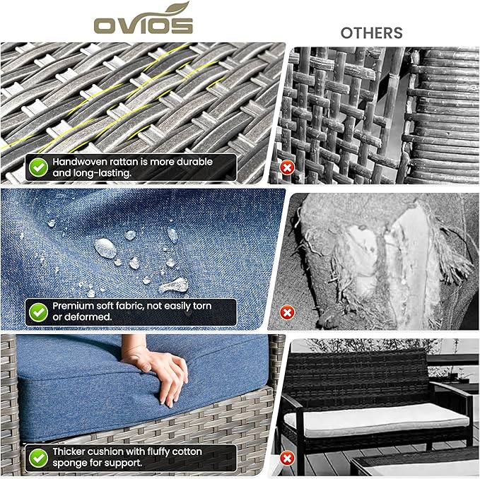 ovios Patio Furniture Set, 9 Pieces Outdoor Wicker Sofa Couch with 6 Chairs, Ottomans and Comfy Cushions, All Weather High Back Rattan Conversation Set, Denim Blue