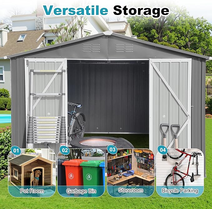 10x12 FT Outdoor Storage Shed, Metal Tool Shed with Lockable Doors & Peaked Roof, Garden Shed with Vented Design for Backyard Garden Patio Lawn, Gray