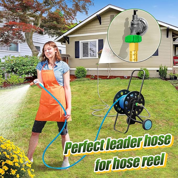 Female to Female Leader Hose for Hoses Reel, 15ft Metal Leakproof Short Garden Hose Connector, Heavy Duty 304 Stainless Steel Flexible Water Pipe for Outdoor Garden Watering Car Pet Cleaning