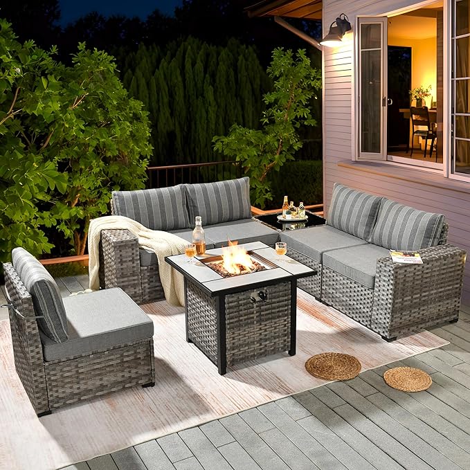 ovios 7 Pieces Patio Furniture Set, Outdoor Wicker Sectional Sofa with 30 Inch Fire Pit Table Comfy Cushions, Modern Modular Deep Seat Rattan Couch Conversation Set, Dark Gray Stripe