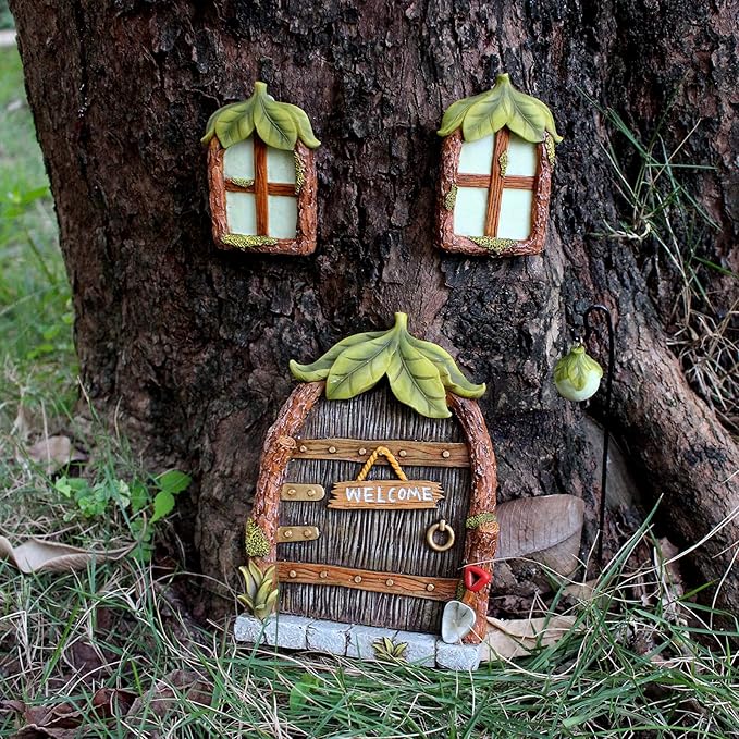 Fairy Door and Windows Garden Kit Accessories Outdoor, Glow in Dark Gnome House for Tree, Lawn Yard Art Sculpture, Miniature Garden Decor (Leaf)