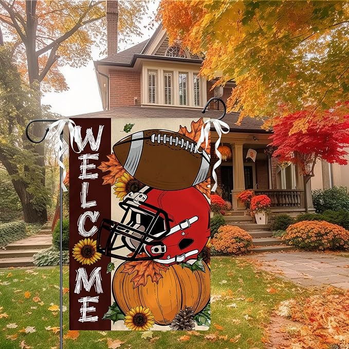 Fall Football Garden Flag Pumpkin Welcome Burlap Yard Flag Autumn Sports Game Sign House Banner Thanksgiving Seasonal Sunflower Garden Flags 12x18 In for Outdoor Lawn Farmhouse Outdoor Decor