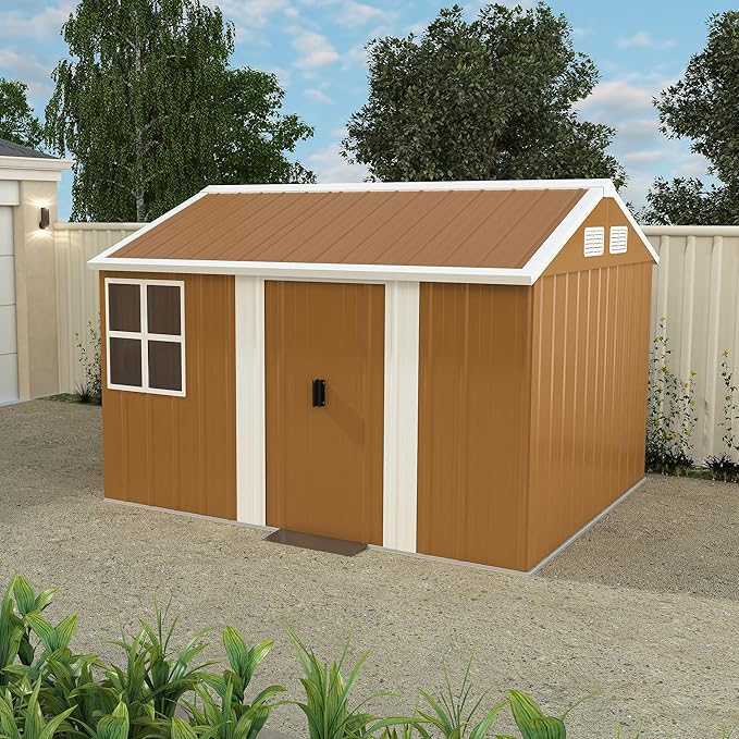 Outdoor Tool Shed 8x10 FT Heavy-Duty Metal Storage Shed with Lockable Door, Windows & Ventilation - Weather-Resistant Roof Garden Shed for Backyard, Patio, Lawn (Brown)