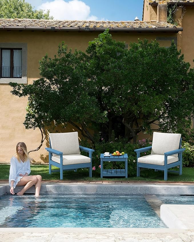 SERWALL HDPE Patio Sofa Set, 3-Piece Sectional Outdoor Furniture Set, All Weather Outdoor Couch Set Patio Furniture Set for Deck, Lawn, Blue Frame with Grey Cushion