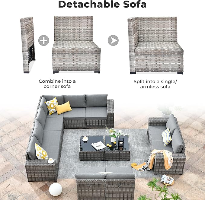 ovios 12 Pieces Patio Furniture Set, Outdoor Wicker Sectional Sofa with Glass Table Comfy Cushions, Modern Modular Deep Seat Couch Rattan Conversation Set, Dark Grey