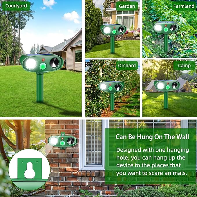 2025 2Pack Cat Repellent Outdoor Ultrasonic Animal Repellent Solar Animal Repeller with LED Flashlight&Motion Sensor Deer Repellent Device to Scare Fox Dog Squirrel Skunk Rabbit Raccoon