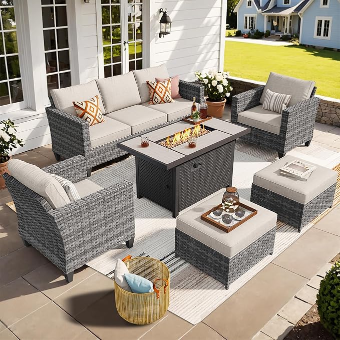 ovios Patio Furniture Set, 6 Pieces Outdoor Wicker Sofa Couch with Fire Pit Table, Ottomans and Comfy Cushions, All Weather High Back Rattan Conversation Set, Beige