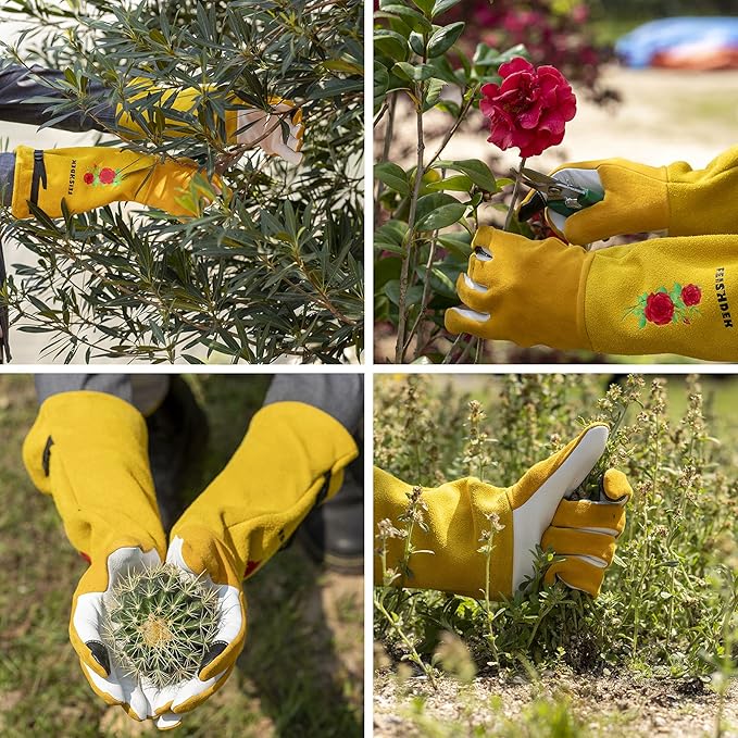 Garden Gloves Women/Men Thorn Proof, Deerskin Suede, 2 Layers Leather Rose Pruning Long Gardening Gloves for Cactus