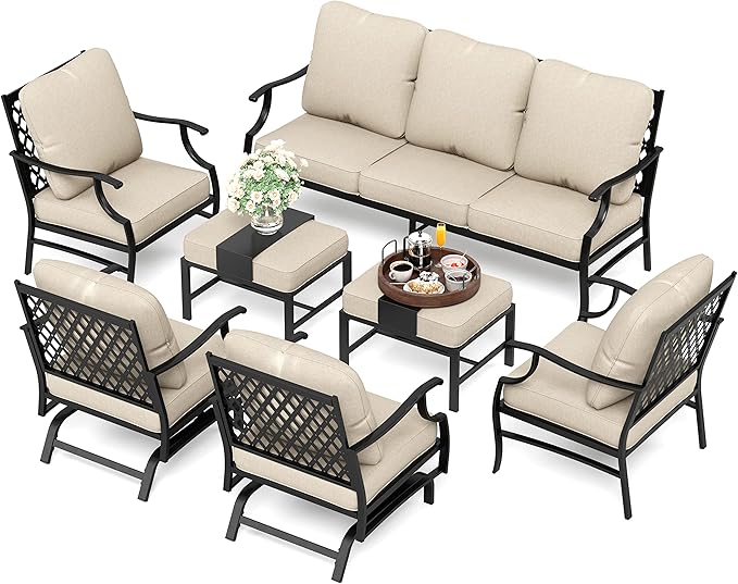 HERA'S HOUSE 7 Piece Patio Furniture Set, 2 x Rocking Chair, 2 x Fixed Chair, 2 x Ottoman, 1 x 3-Seat Sofa, All Cushioned 9 Seats Outdoor Conversation Set for Lawn Garden Backyard