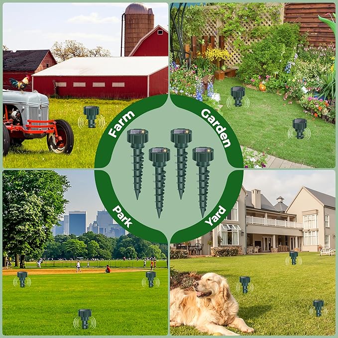 Mole Repellent Solar Powered – Ultrasonic Animal Deterrent Stakes for Gopher, Snake, Vole, Groundhog – Waterproof Sonic Spikes for Yard, Lawns, Garden & Outdoor (4 Pack)