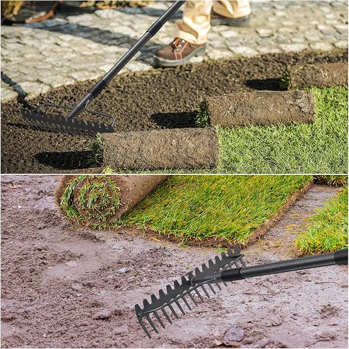 36'' Heavy Duty Garden Rake with Stainless Steel Handle, Metal Head for Loosening Soil, Gathering Leaves, Leveling Lawns