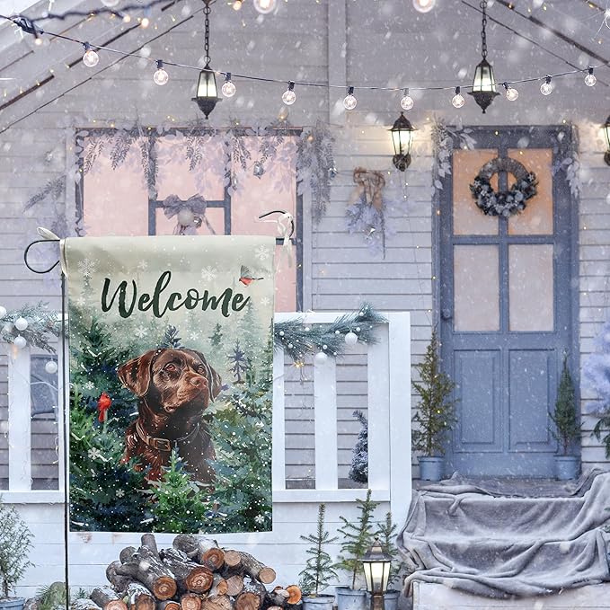 Welcome Winter Garden Flags Chocolate Lab Garden Flag Cardinal Birds on Snowy Pine Tree Flag Labrador Dog Yard Flags for Outside 12x18 Double Sided Christmas Decorative Lawn Flags