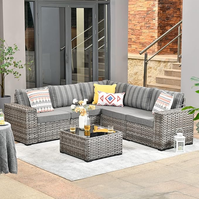 HOOOWOOO Modular Patio Outdoor Sectional Furniture Set,6 Piece Wicker Conversation Sofa Set,Out Door Couch Set with Wide Arm for Outside All Weather(Grey Stripes)
