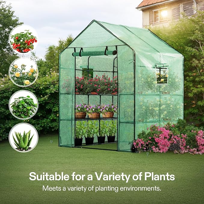 VIVOSUN 57x57x77 Inch Mini Walk in Green House with Window and Anchor, Plant Garden Hot House 2 Tiers 8 Shelves, 4.7 x 4.7 x 6.4 FT