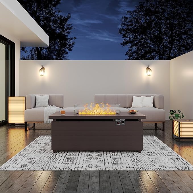 Sundale 50 Inch Outdoor Fire Pit Table, 50,000BTU Rectangle Propane Fire Pit with Glass Wind Guard, Rain Cover, Removable Lid, CSA Certified, Brown