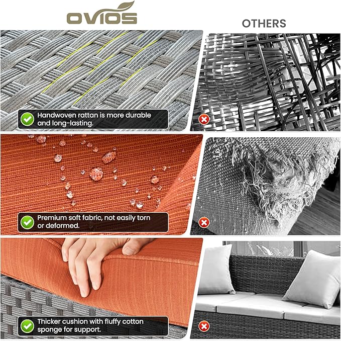 ovios 7 Pieces Patio Furniture Set, Outdoor Wicker Sectional Sofa with 42 Inch Fire Pit Table Comfy Cushions, Modern Modular Deep Seat Rattan Couch Conversation Set, Orange Red