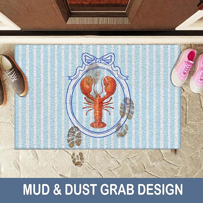 Red Lobster Coastal Beach Door Mat, Coquette Blue Bow Striped Preppy Beach Doormat Non-Slip for Front Door Porch Indoor Outside Entrance Entryway, Nautical Crawfish Welcome Mat, 17x30 Inch