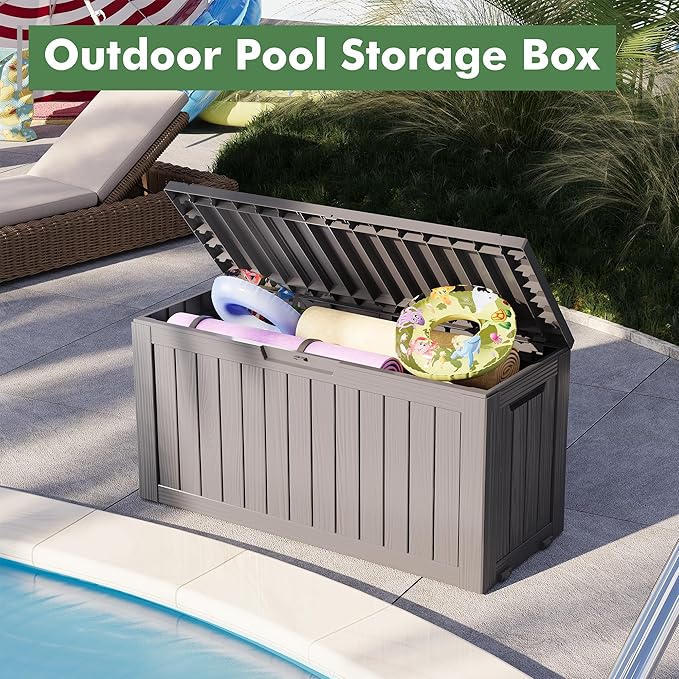 75 Gallon Outdoor Storage Box, Waterproof Resin Deck Box with Lockable Lid, Patio Furniture Side Table & Storage Bin for Package Delivery, Patio Cushions, Garden Tools, Pool Accessories, Grey