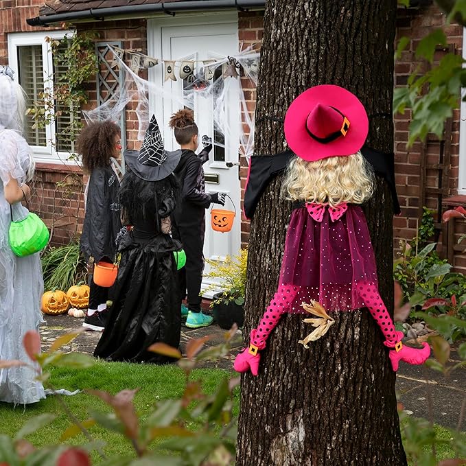 53" Crashing Witch Halloween Decoration - Funny Pink Witch Tree Prop for Yard, Porch, Door, Fence, Patio, Lawn, Garden - Indoor & Outdoor Hanging Halloween Decor