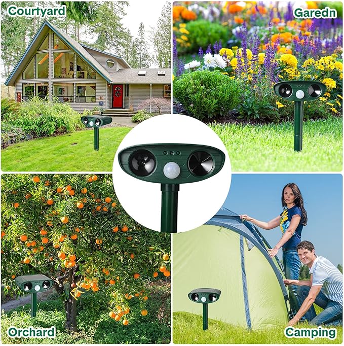 Ultrasonic Animal Repeller Outdoor Solar Ultrasonic Repellent Animal Deterrent with Motion Sensor Waterproof Deterrent Scarer Repel Cat Dog Squirrel Raccoon Skunk Rats (Green,4 Pack)