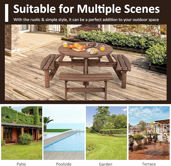 Tangkula 8 Person Wood Picnic Table, Outdoor Round Picnic Table with 4 Built-in Benches, Umbrella Hole, Outside Table and Bench Set for Garden, Backyard, Porch, Patio, 500lbs Capacity Per Bench