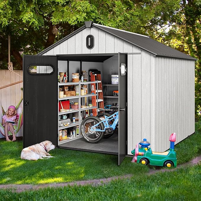 YITAHOME 8x10ft Outdoor Resin Storage Shed with Floor, 544 cuft Waterproof Garden Shed with Lockable Door, Windows & Vents, Plastic Tool Storage for Patio Furniture, Lawnmower, and Bike Storage, Gray