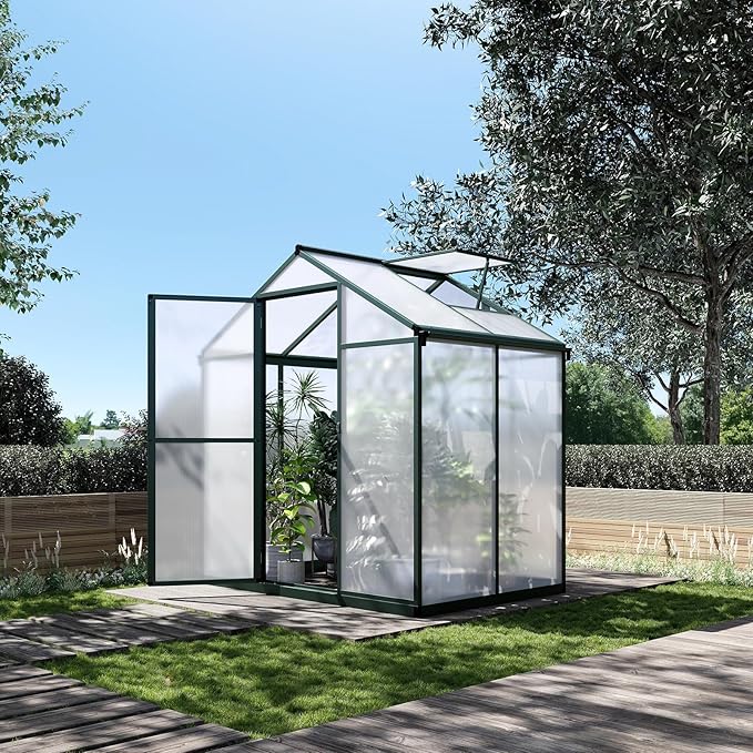 4 x 6.25 FT Greenhouse for Outdoors, Polycarbonate Greenhouse with Aluminum Frame, Lockable Door, Roof Vent and Rain Gutter, Large Walk-in Green Houses for Patio Garden Outside, Green