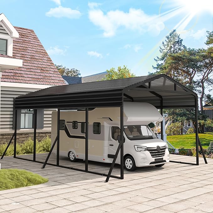 Carport Canopy 12’X20’ Heavy Duty Car Port Galvanized Steel Roof, Reinforced Stable Triangle Frame for Snowy Windy Metal Carports Enhanced Base Car Tent for Car,RV,Pickup,Boat,Truck,Tractor
