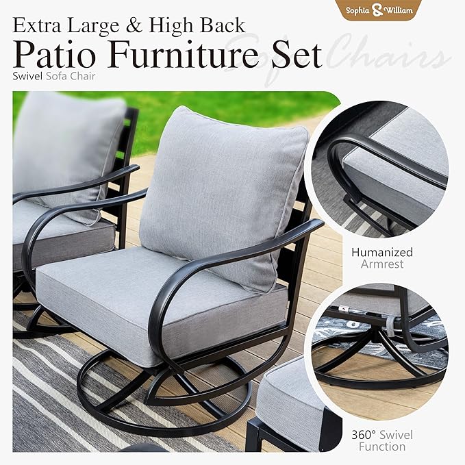 Sophia & William Patio Furniture Sets for 7 Outdoor Conversation Set 7 Pcs with 2 x Swivel Chairs, 2 x Armrest Sofa, 1 x 3-Seat Cushion Chairs, 2 x Ottomans for Coffee Garden Backyard Poolside Grey
