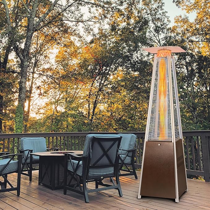 Hykolity Pyramid Patio Heater, 48000 BTU Glass Tube Propane Patio Heater with Wheels and Cover, Outdoor Propane Heaters for Patio, Backyard, Garden, Porch, and Pool, Bronze