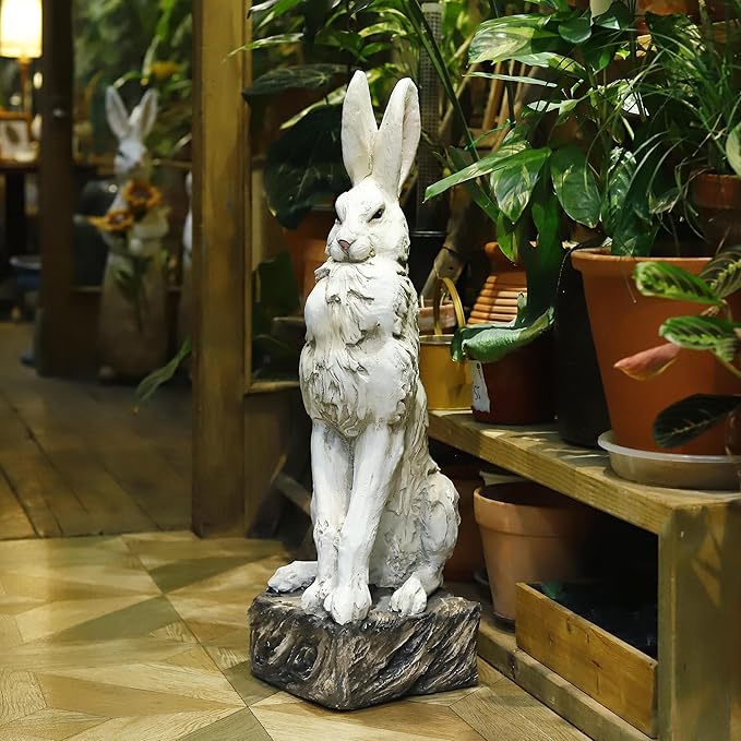 Large Size Noble Sitting Rabbit Bunny Realistic Rabbit Happy Easter Bunny Magnesium Oxide Stone Sculpture Decorations for Indoor Outdoor Garden Statue 30'' High