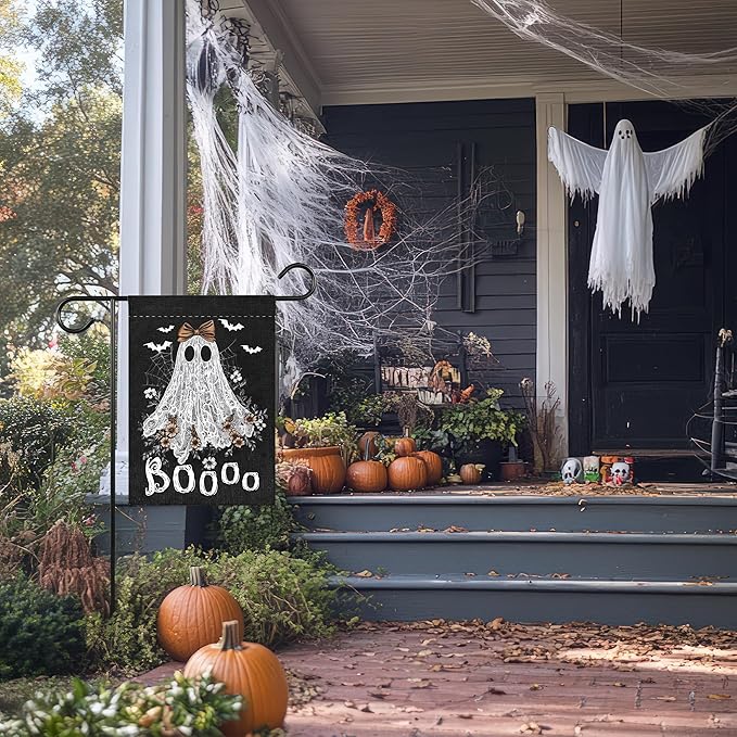 Boo Halloween Garden Flag for Outside, 12x18 Inch Double Sided Halloween Pumpkin Ghost Spider Web Bats Yard Flag, Farmhouse Small Yard Flags for Outdoor Decorations, Holiday Decor Gifts-A11